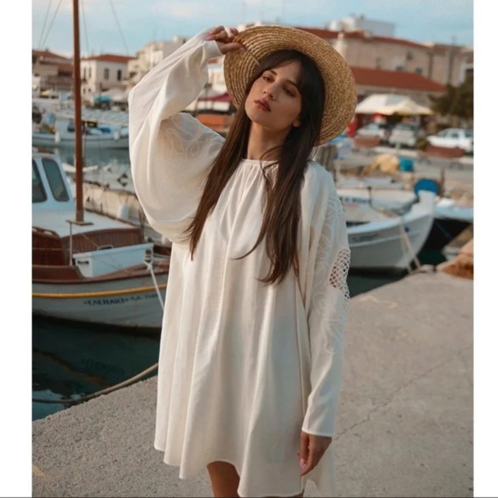 NWT H&M Low Back Voluminous Embroidery Sleeves Mini Dress - Picture 2 of 14